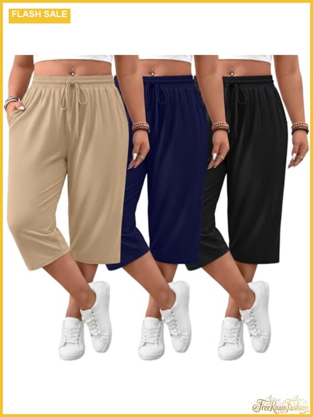 Plus Size Capris with Pockets 3 Pack Cotton Blend Stretchy Sweatpants